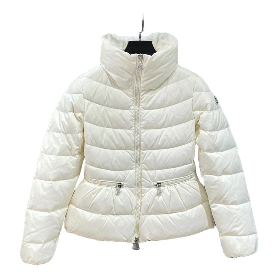 Moncler Drawstring-Waist Stand-Collar Puffer Jacket | Ivory | Sculpted Silhouette
