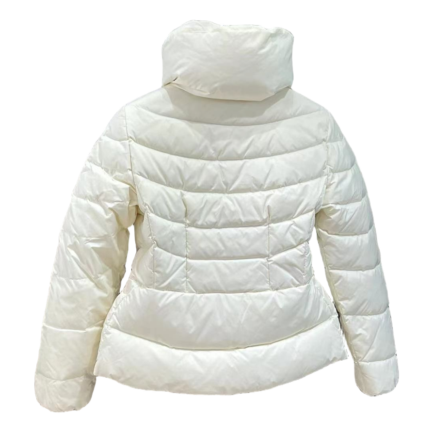 Moncler Drawstring-Waist Stand-Collar Puffer Jacket | Ivory | Sculpted Silhouette
