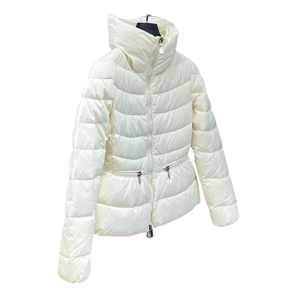 Moncler Drawstring-Waist Stand-Collar Puffer Jacket | Ivory | Sculpted Silhouette