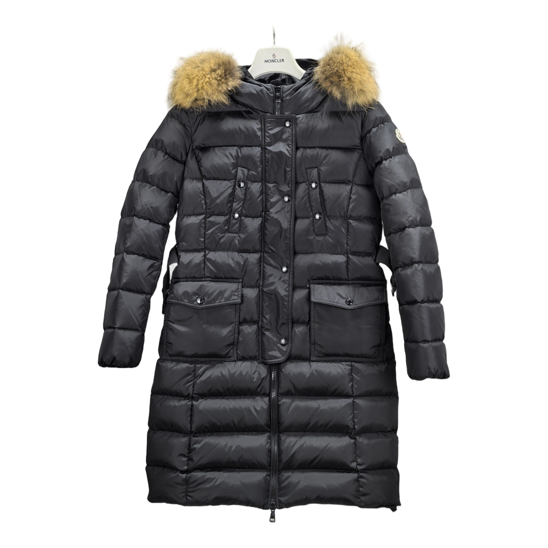 Moncler Four-Pocket Fur-Trim Hooded Long Puffer Coat | Black | Full Length