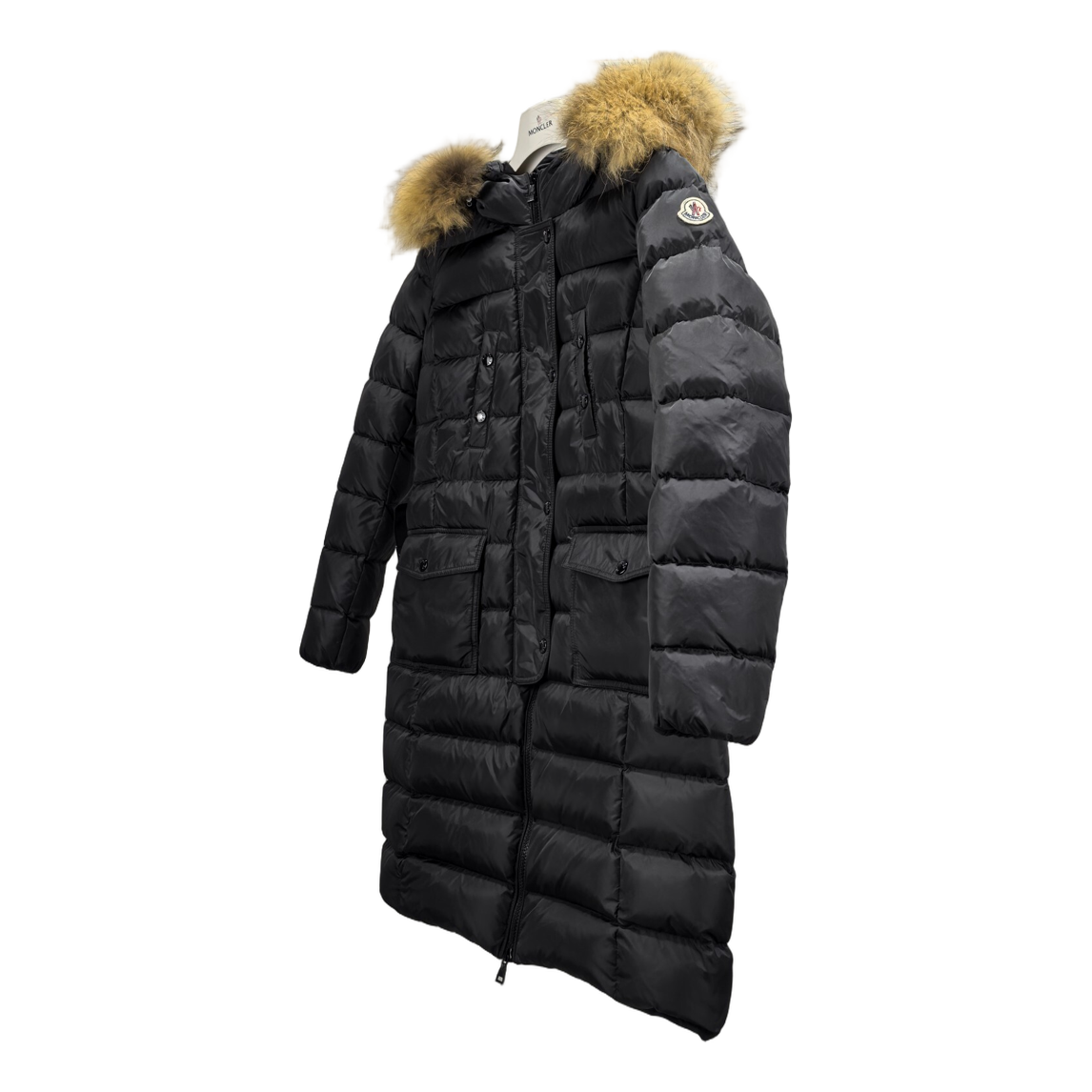 Moncler Four-Pocket Fur-Trim Hooded Long Puffer Coat | Black | Full Length