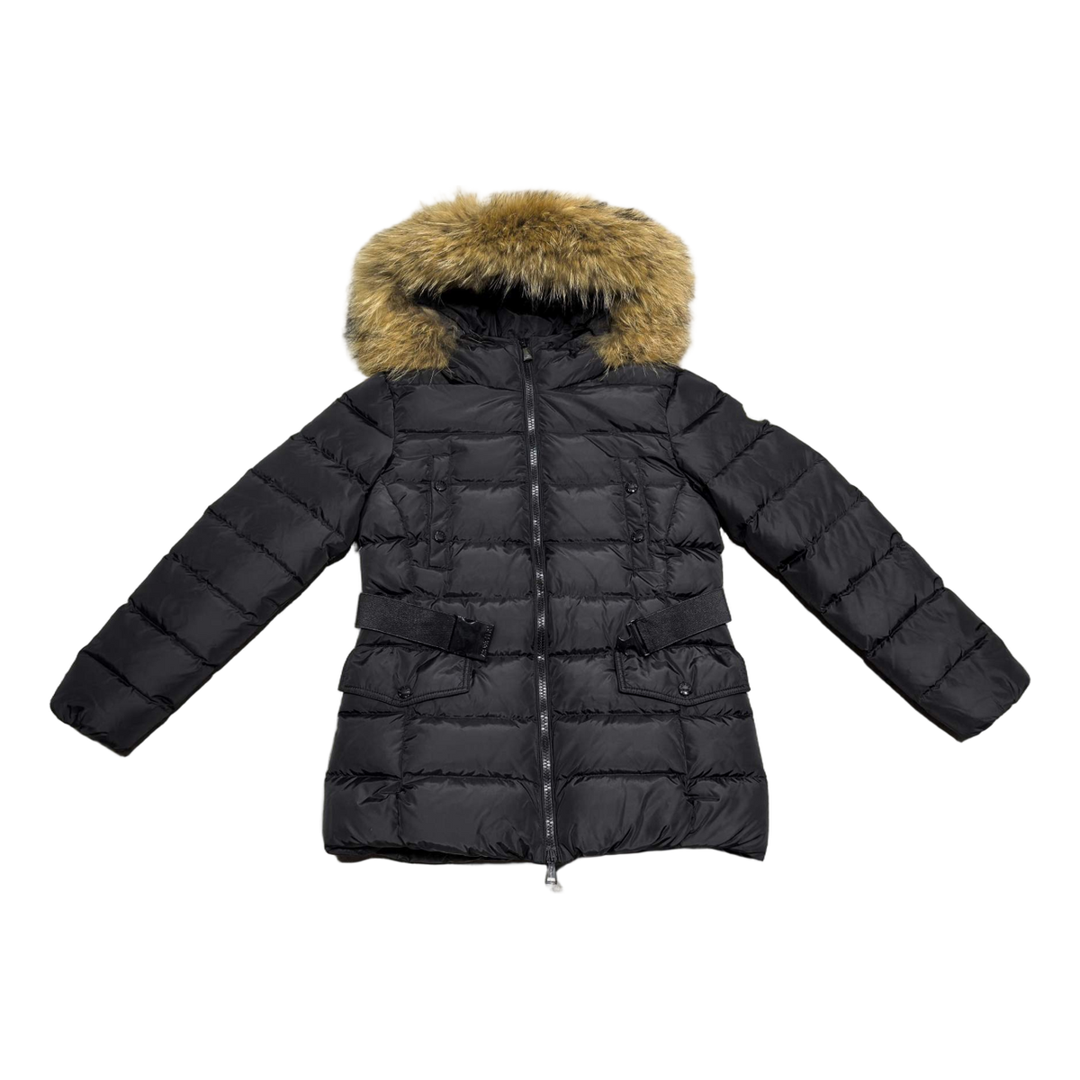 Moncler Four-Pocket Belted Fur-Trim Puffer Jacket | Black | Belted Waist