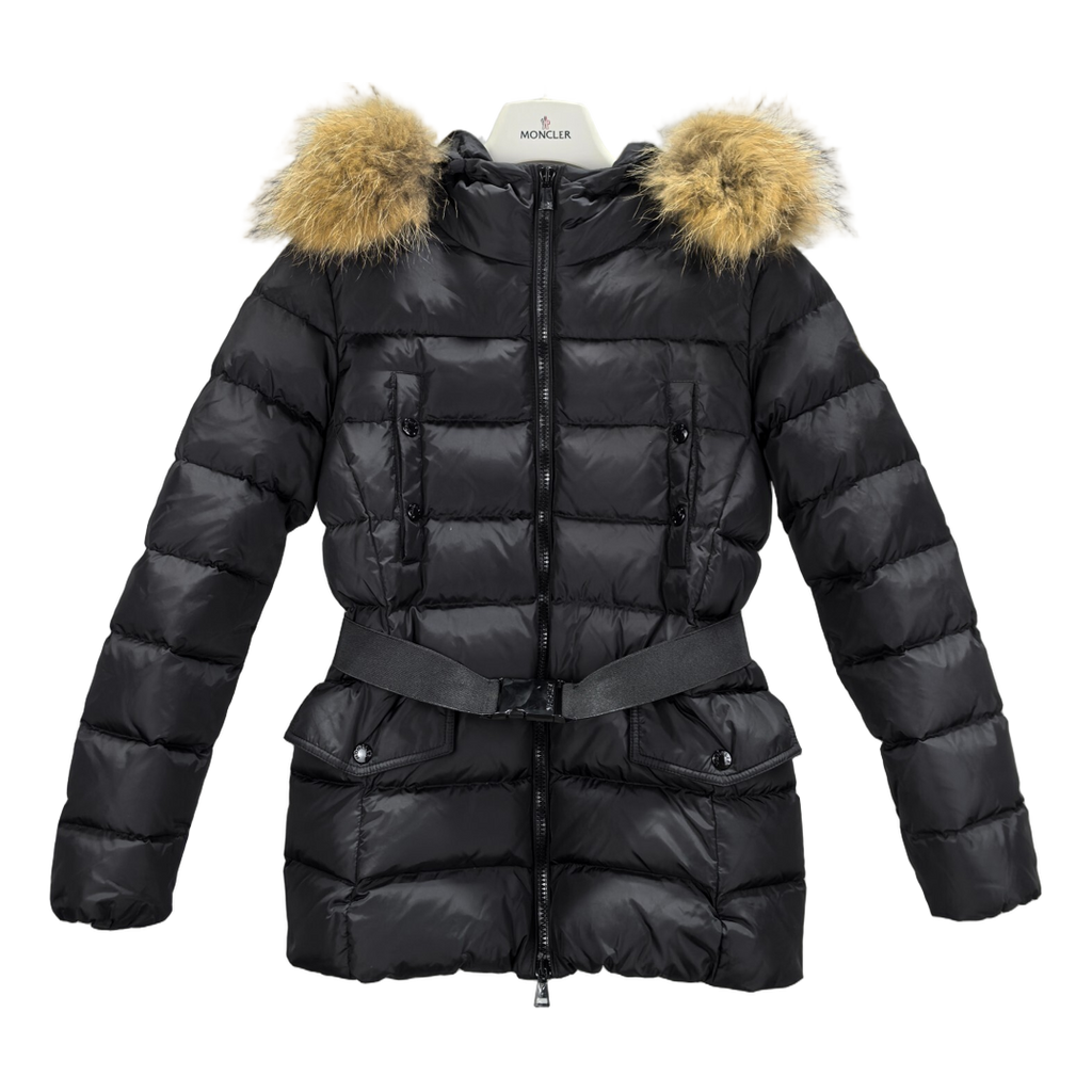 Moncler Four-Pocket Belted Fur-Trim Puffer Jacket | Black | Belted Waist