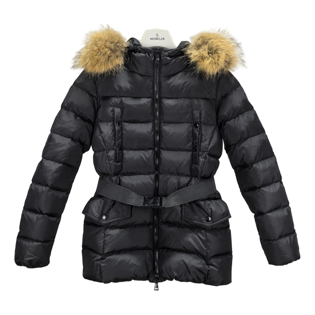 Moncler Four-Pocket Belted Fur-Trim Puffer Jacket | Black | Belted Waist
