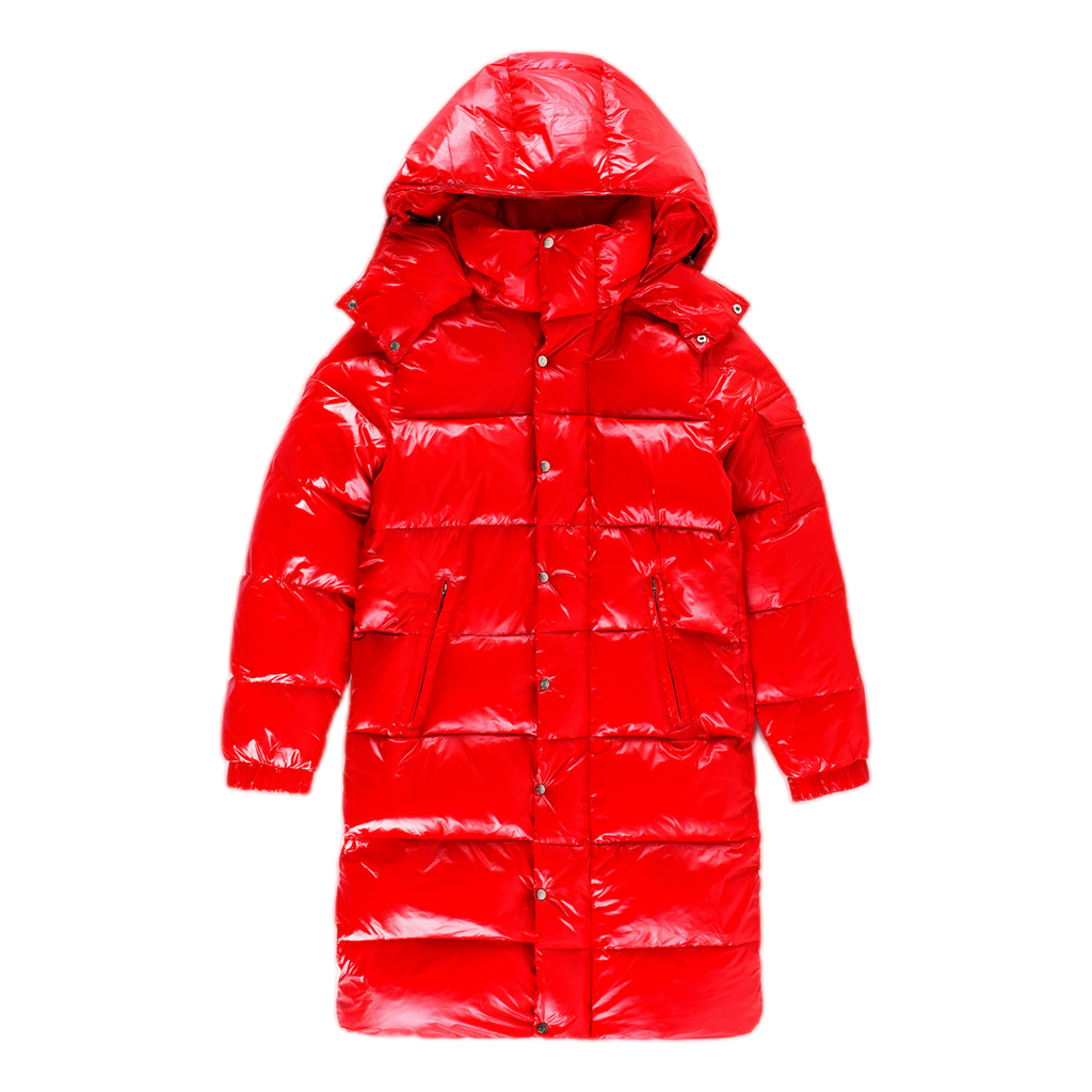 Moncler Hanoverian Glossy Hooded Long Puffer Coat | Red | Full Length