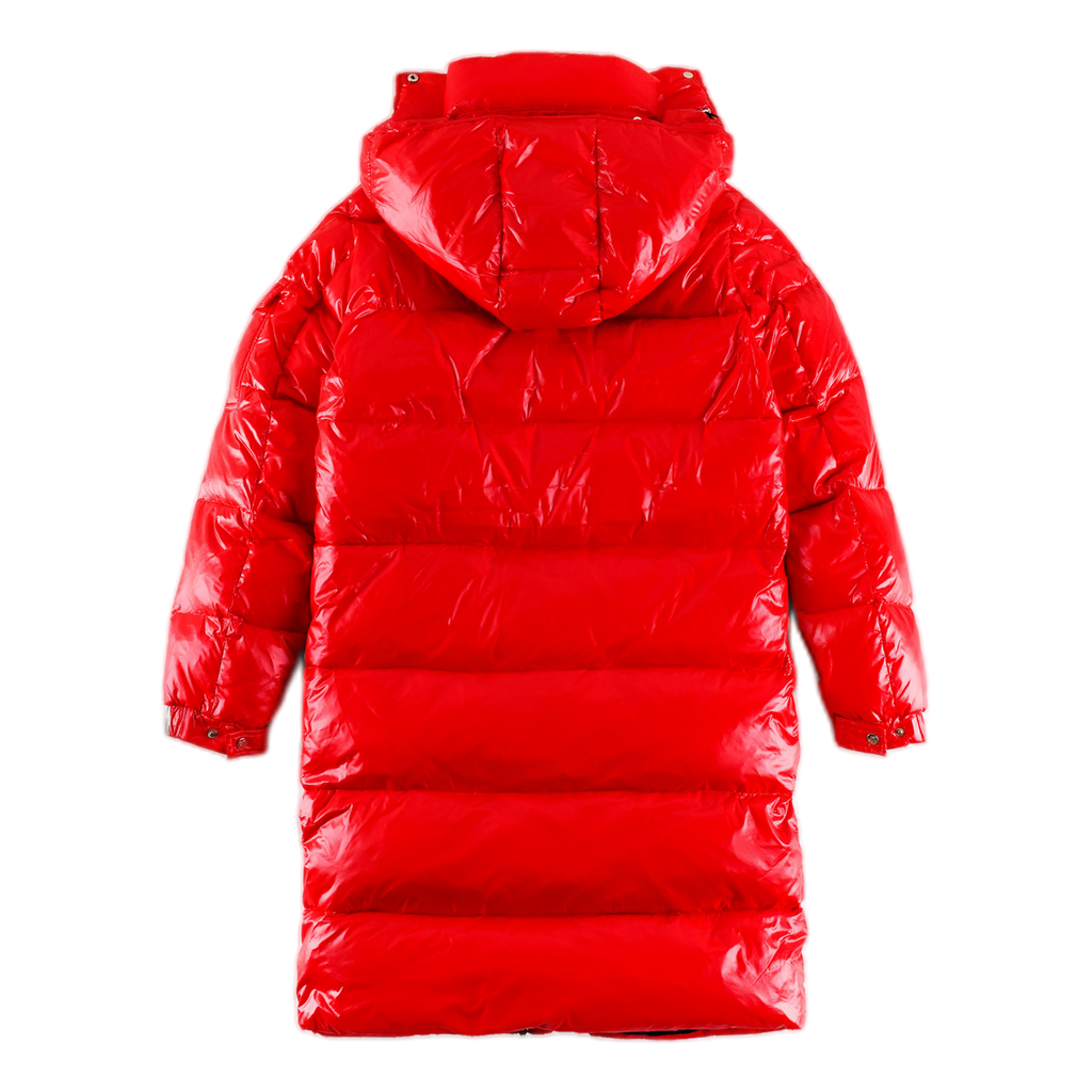 Moncler Hanoverian Glossy Hooded Long Puffer Coat | Red | Full Length