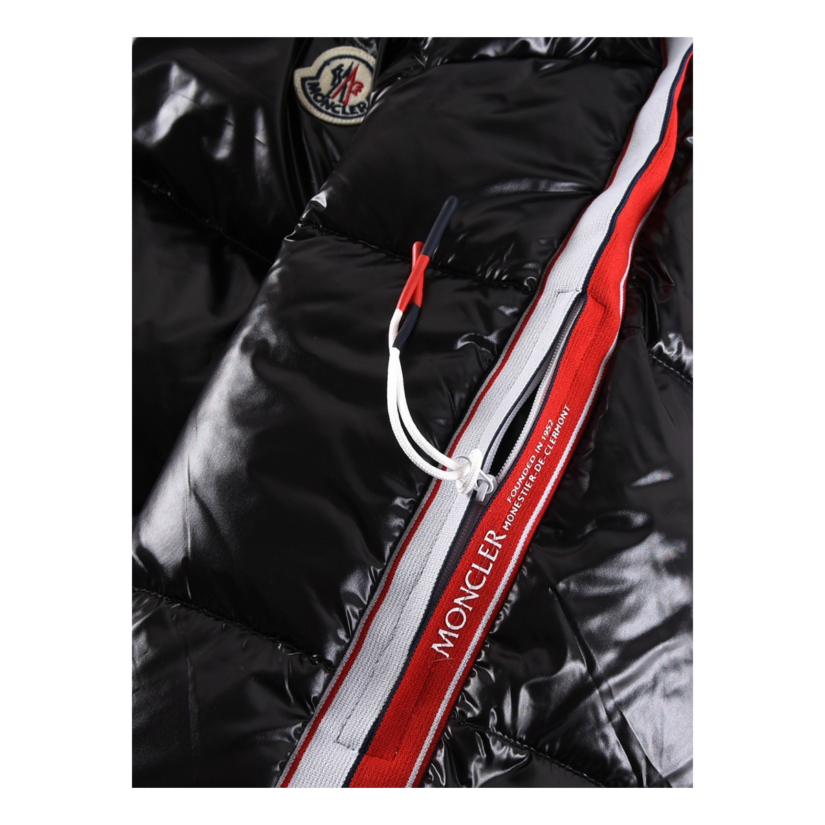Moncler Tricolour Sleeve-Stripe Glossy Hooded Puffer Jacket | Premium Down