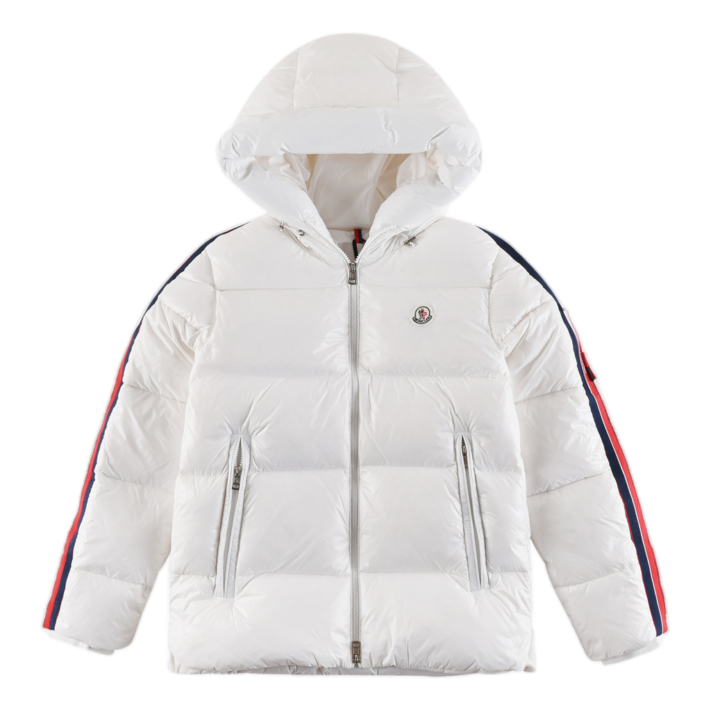 Moncler Tricolour Sleeve-Stripe Glossy Hooded Puffer Jacket | Premium Down