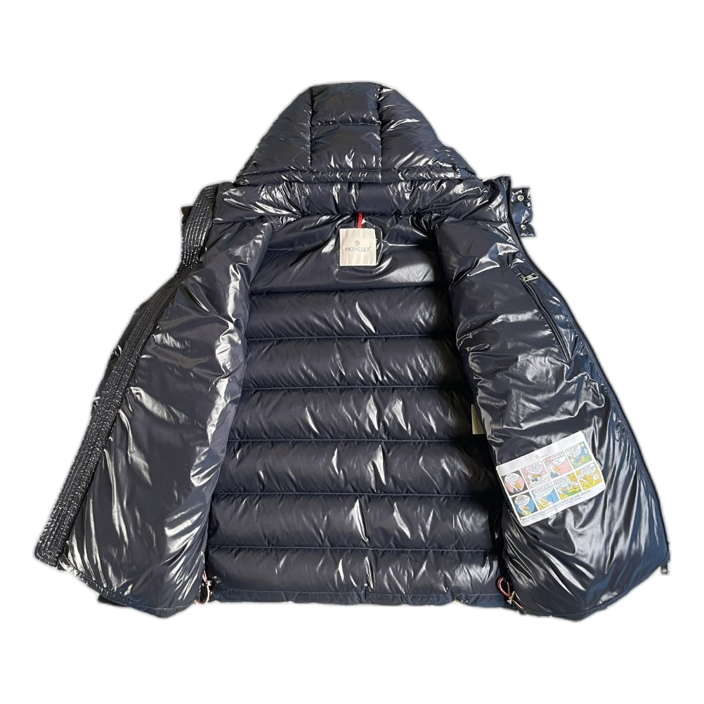 Moncler Glossy Logo-Zip Hooded Puffer Jacket | Navy | Premium Down