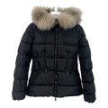 Moncler Cinched-Waist Fur-Trim Hooded Puffer Jacket | Black | Sculpted Silhouette