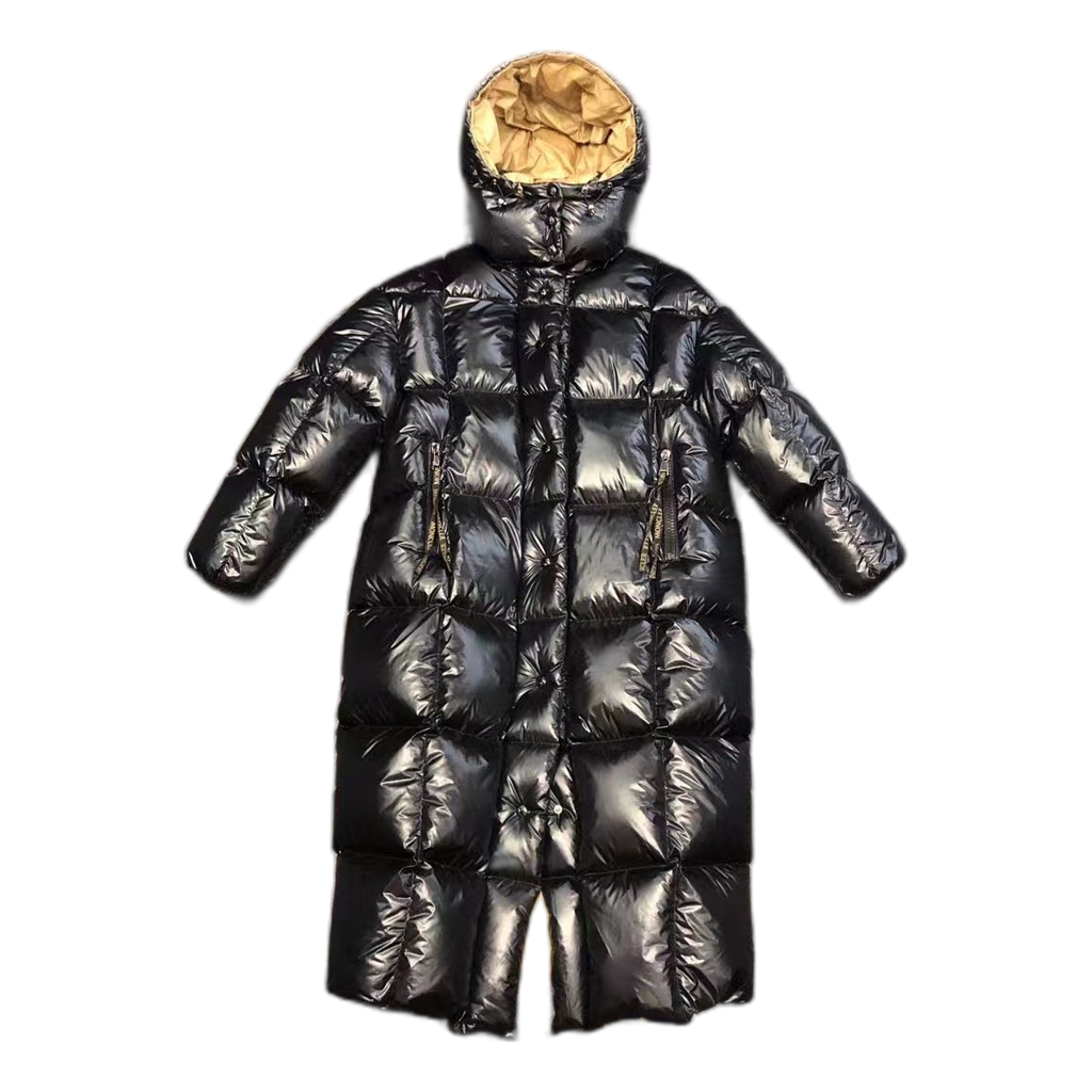 Moncler Gold-Lined Glossy Long Puffer Coat | Black | Full Length