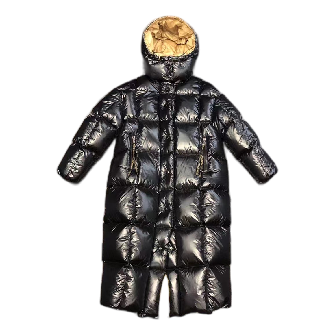Moncler Gold-Lined Glossy Long Puffer Coat | Black | Full Length