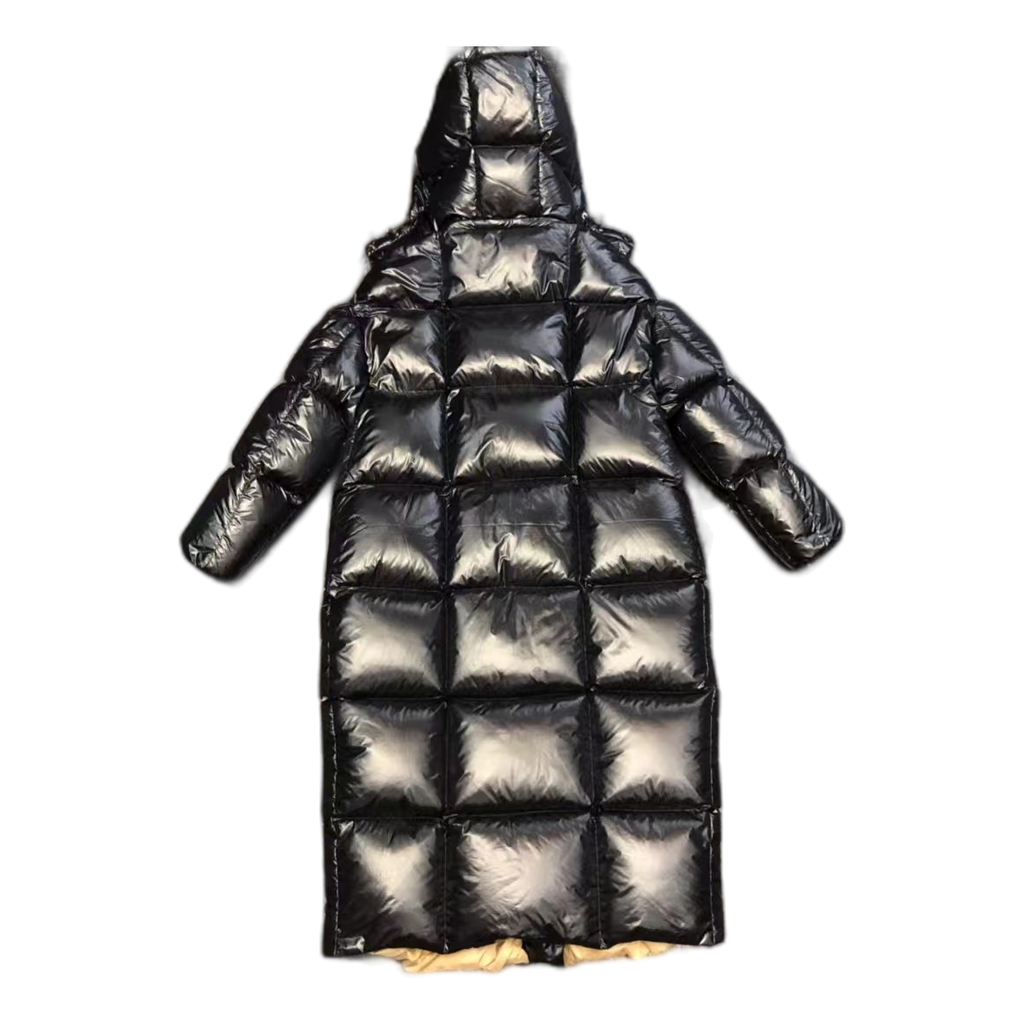 Moncler Gold-Lined Glossy Long Puffer Coat | Black | Full Length