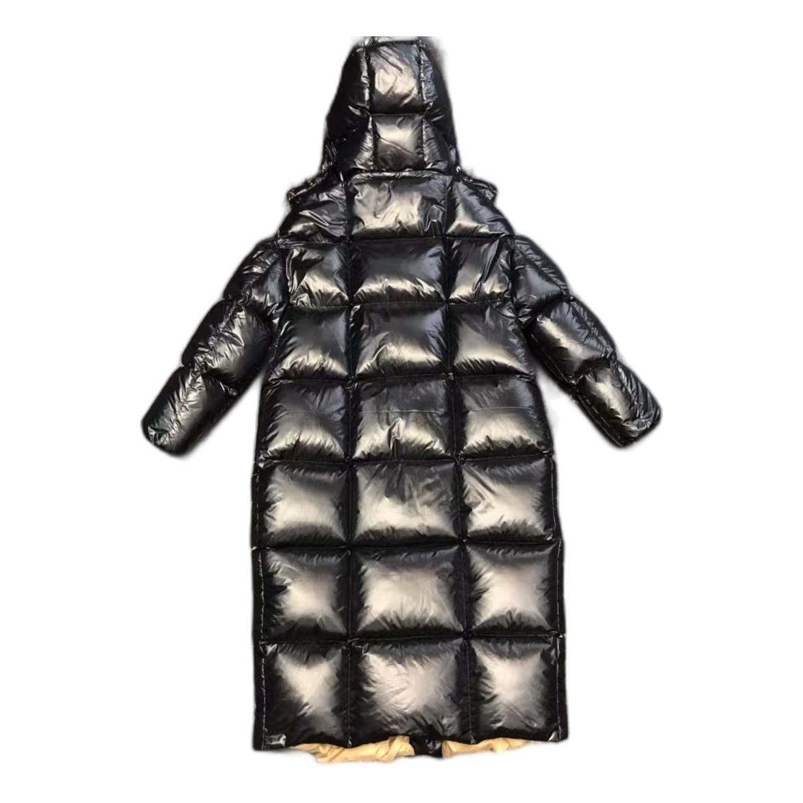 Moncler Gold-Lined Glossy Long Puffer Coat | Black | Full Length