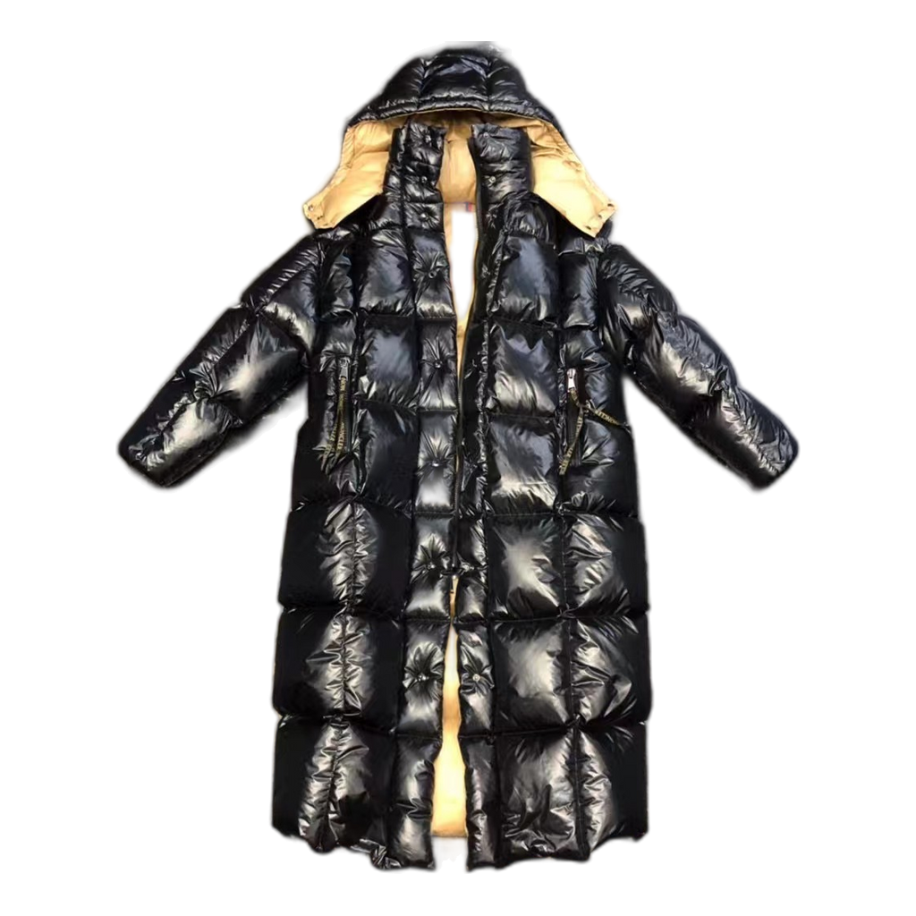 Moncler Gold-Lined Glossy Long Puffer Coat | Black | Full Length