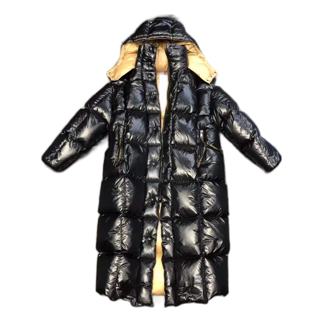 Moncler Gold-Lined Glossy Long Puffer Coat | Black | Full Length