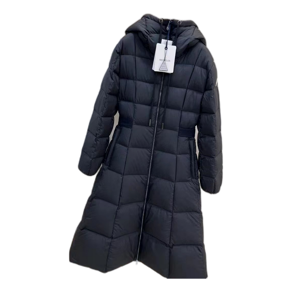 Moncler Drawstring-Hood Fitted Long Puffer Coat | Black | Full Length