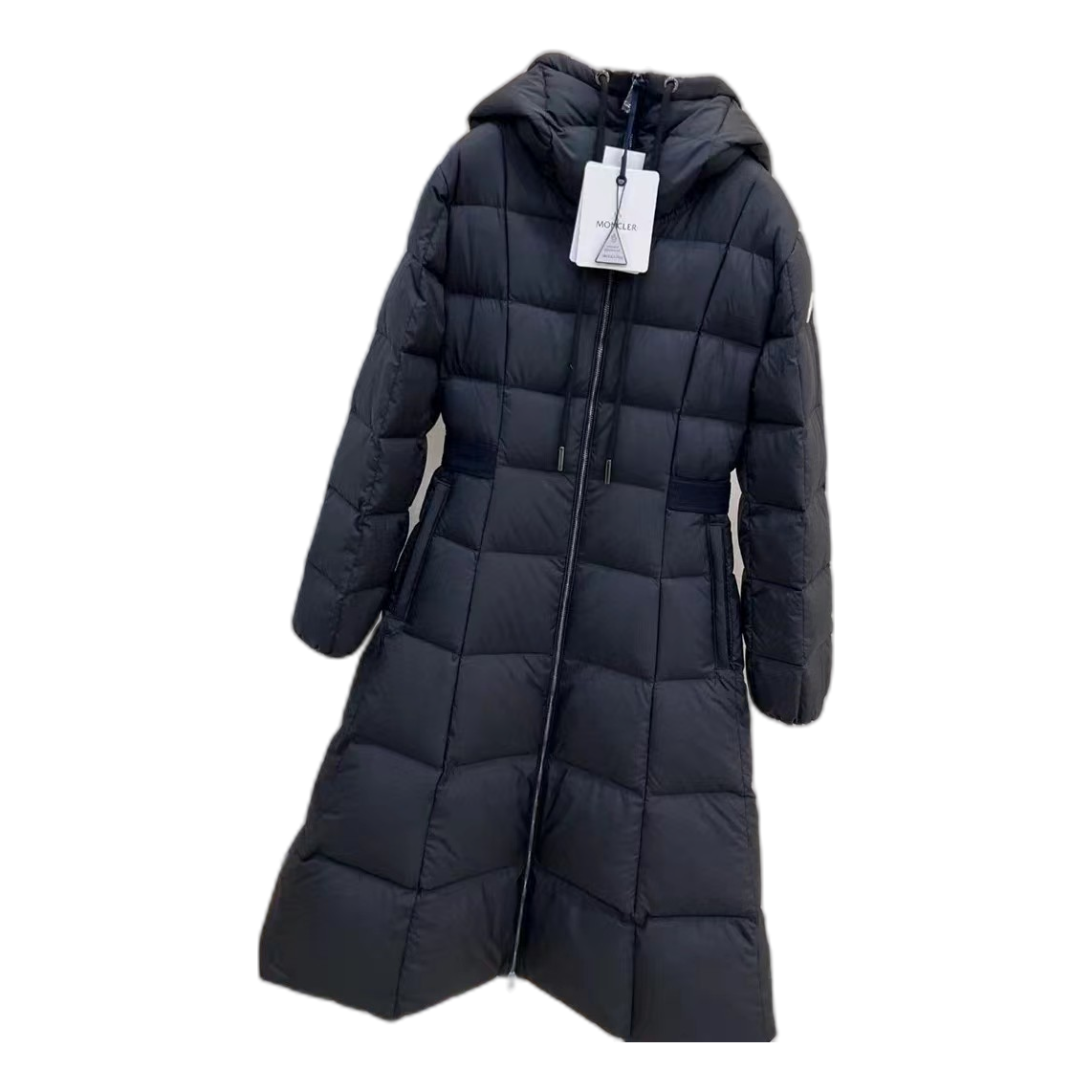 Moncler Drawstring-Hood Fitted Long Puffer Coat | Black | Full Length