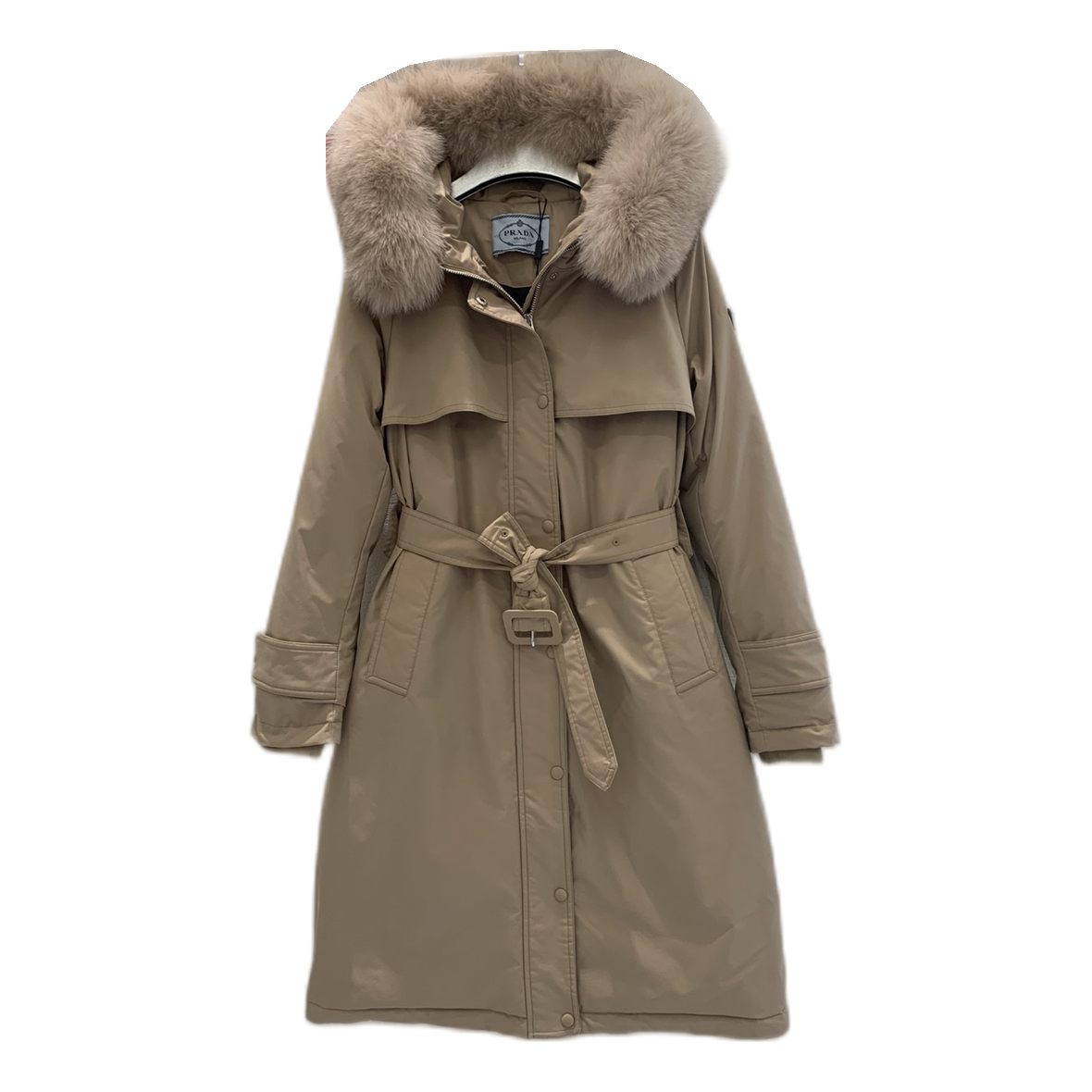 Prada Belted Fur-Trim Hooded Coat | Beige