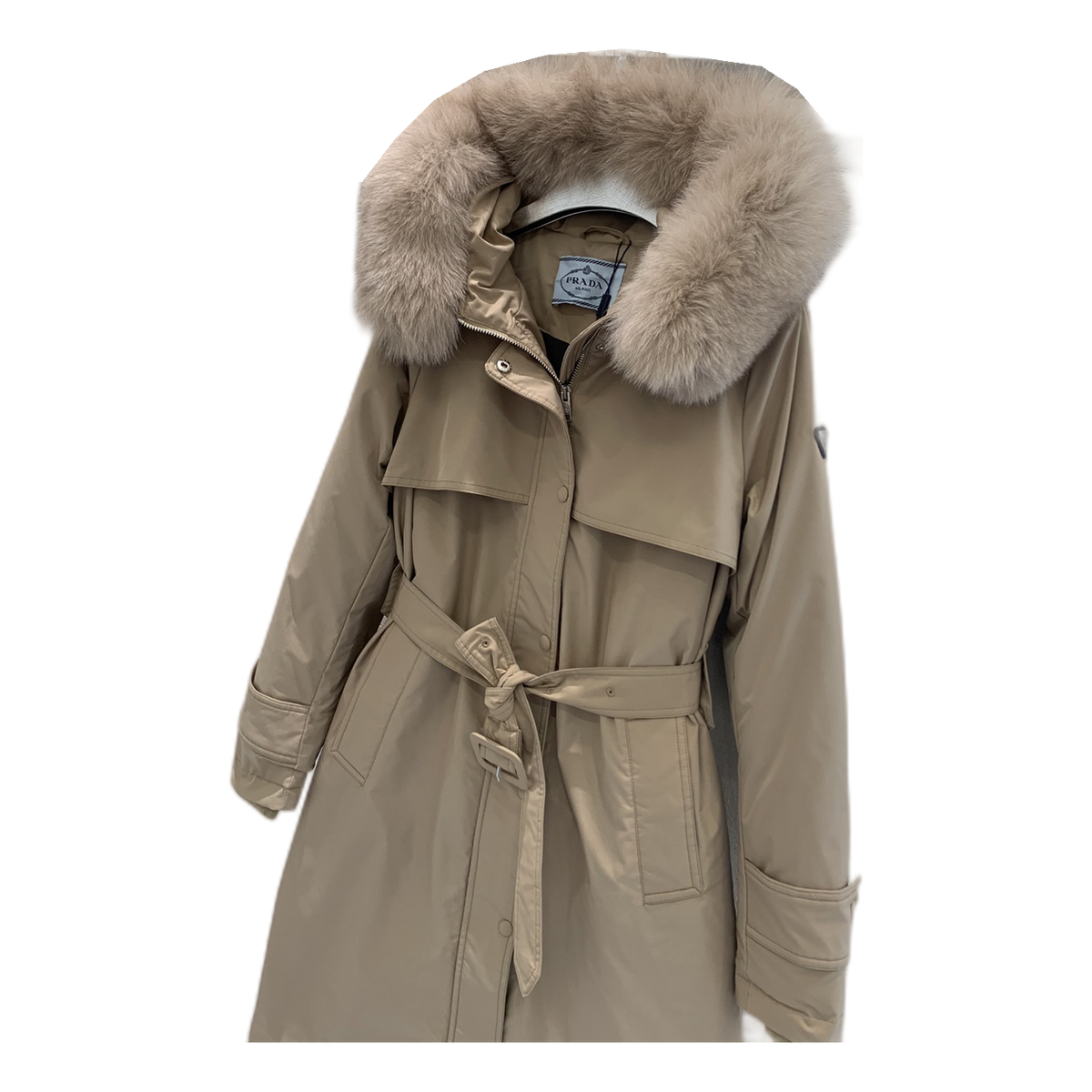 Prada Belted Fur-Trim Hooded Coat | Beige