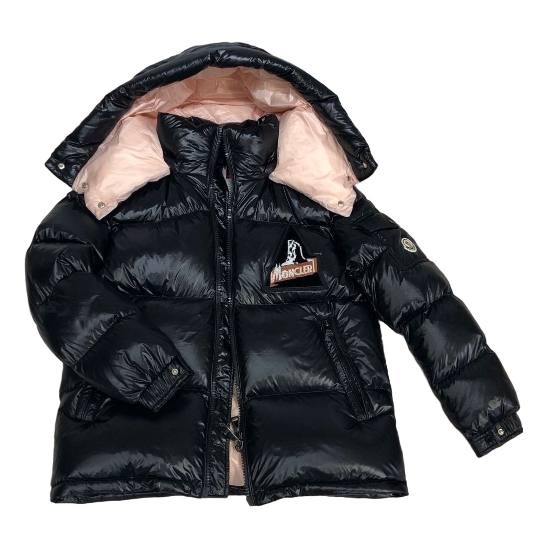Moncler Mountain-Badge Glossy Short Puffer Jacket | Black | Premium Down