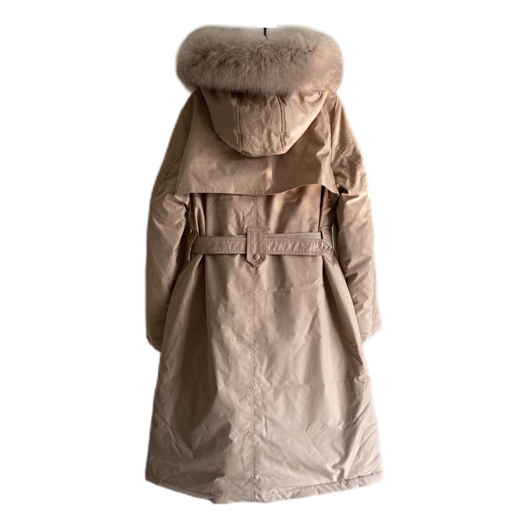 Prada Belted Fur-Trim Hooded Coat | Blush Beige