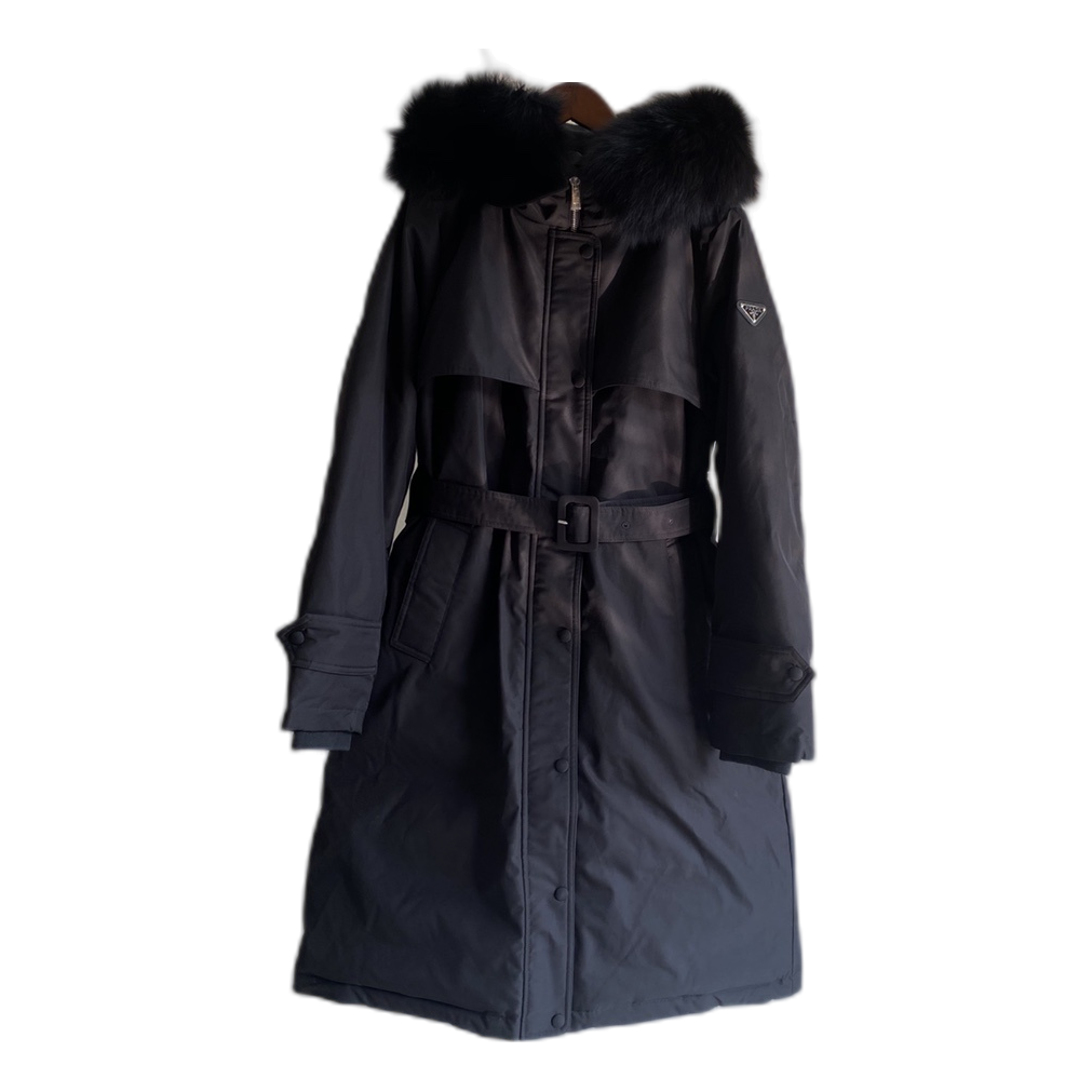 Prada Belted Fur-Trim Hooded Coat | Black